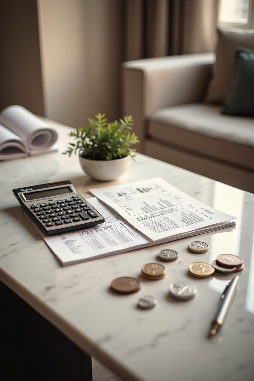 A calculator and printed figures on a marble table