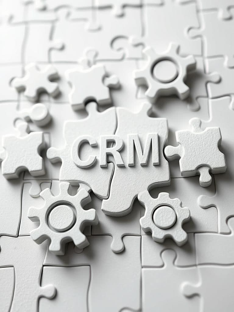 Interlocking white puzzle pieces and gears, one lettered CRM
