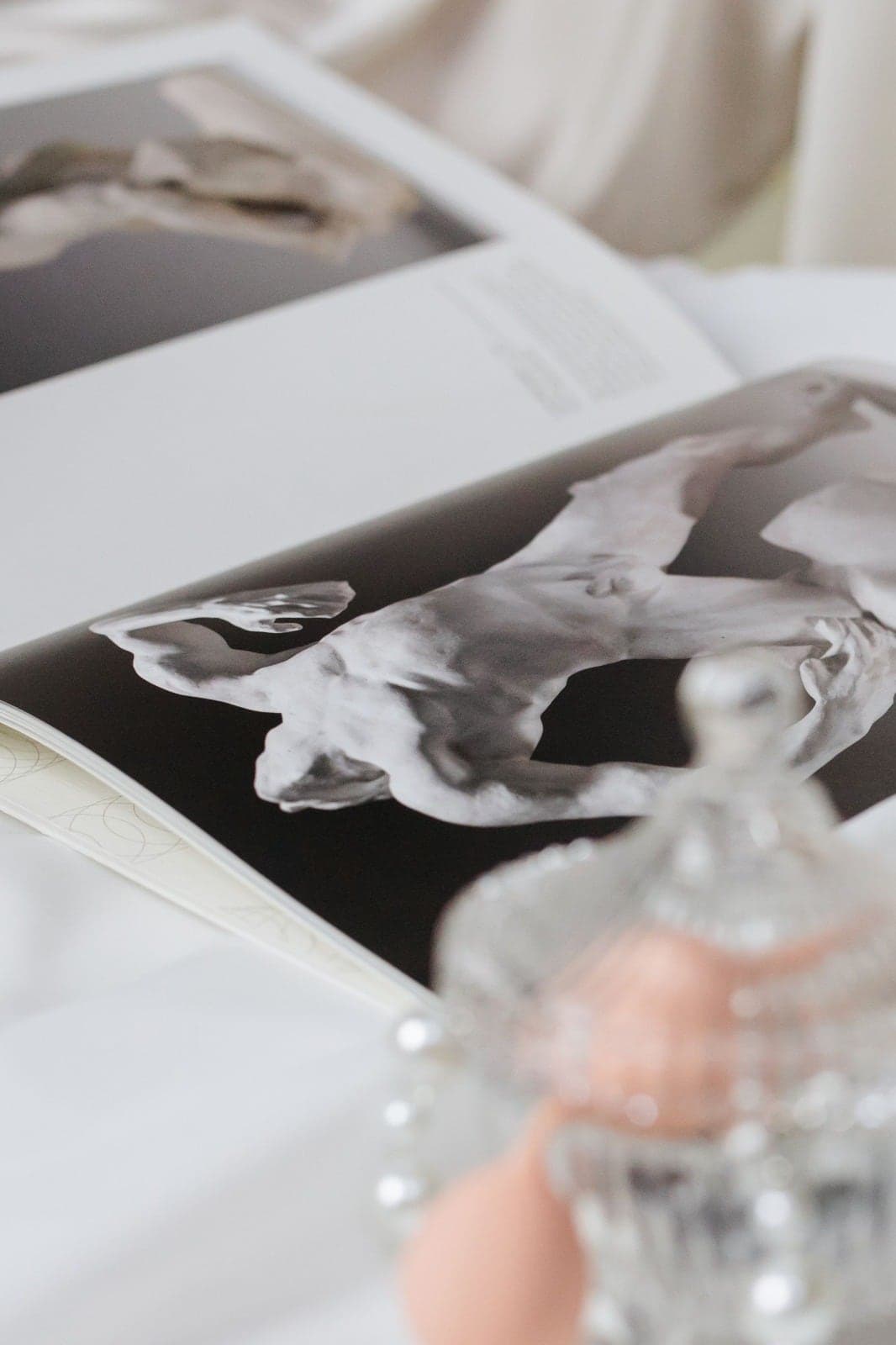 An open book showing a sculpture photograph