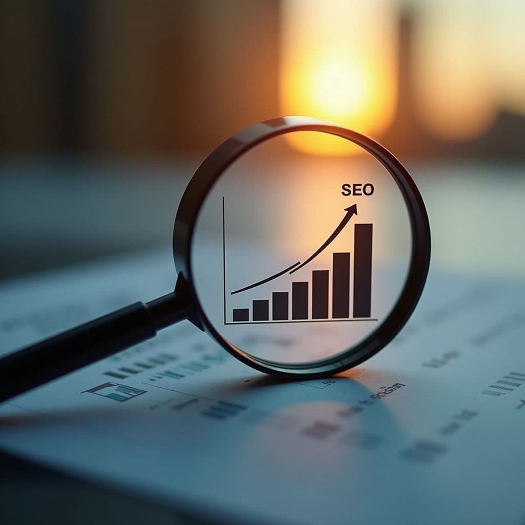 A magnifying glass over a rising bar chart labelled SEO