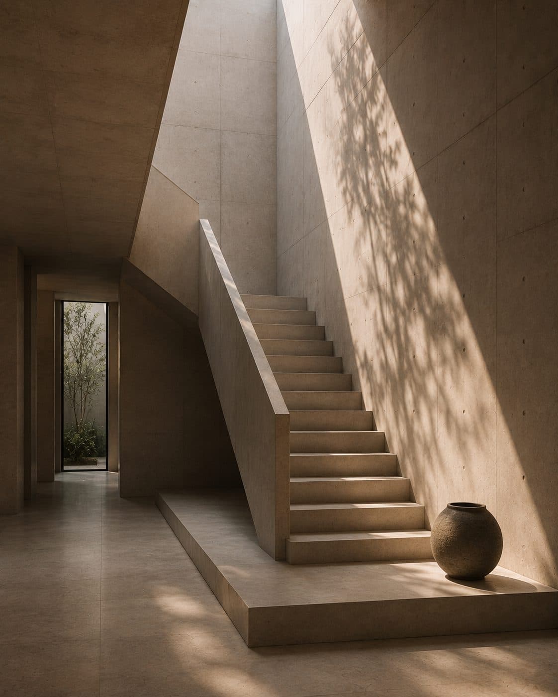 A quiet limestone stairwell in warm, natural light