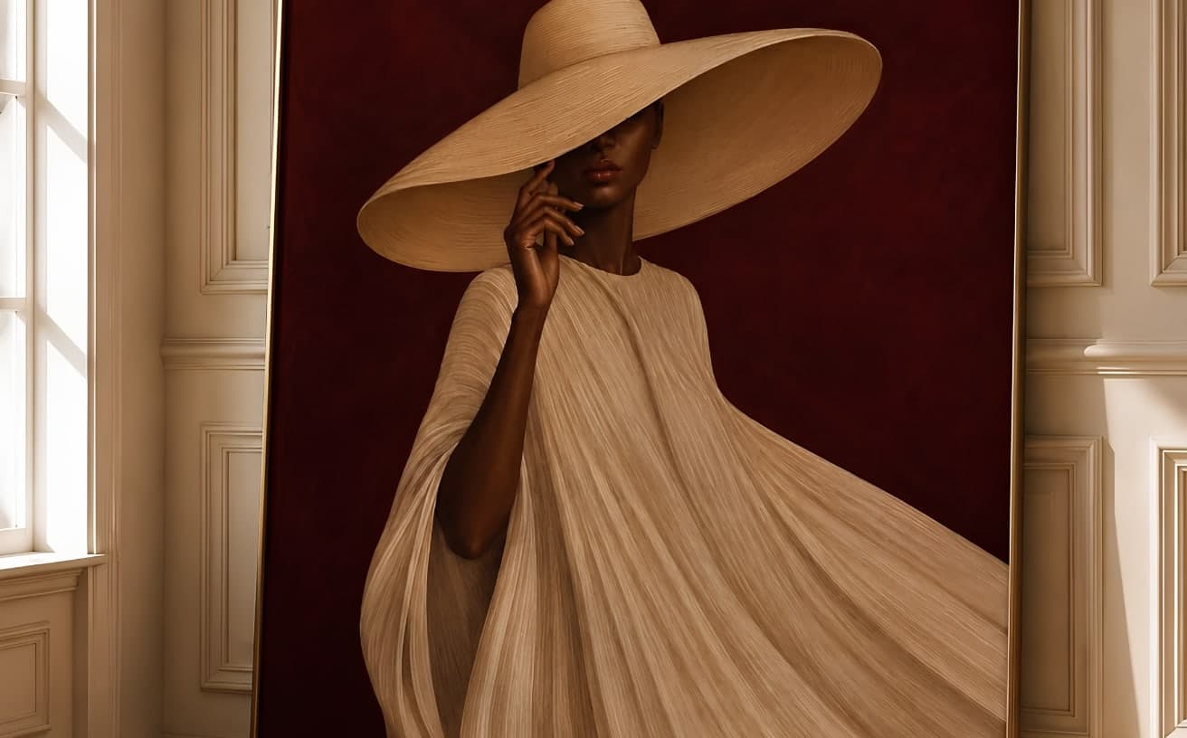 A framed painting of a woman in a wide-brimmed hat and a pleated cream dress, leaning against a deep red canvas in a sunlit, panelled room
