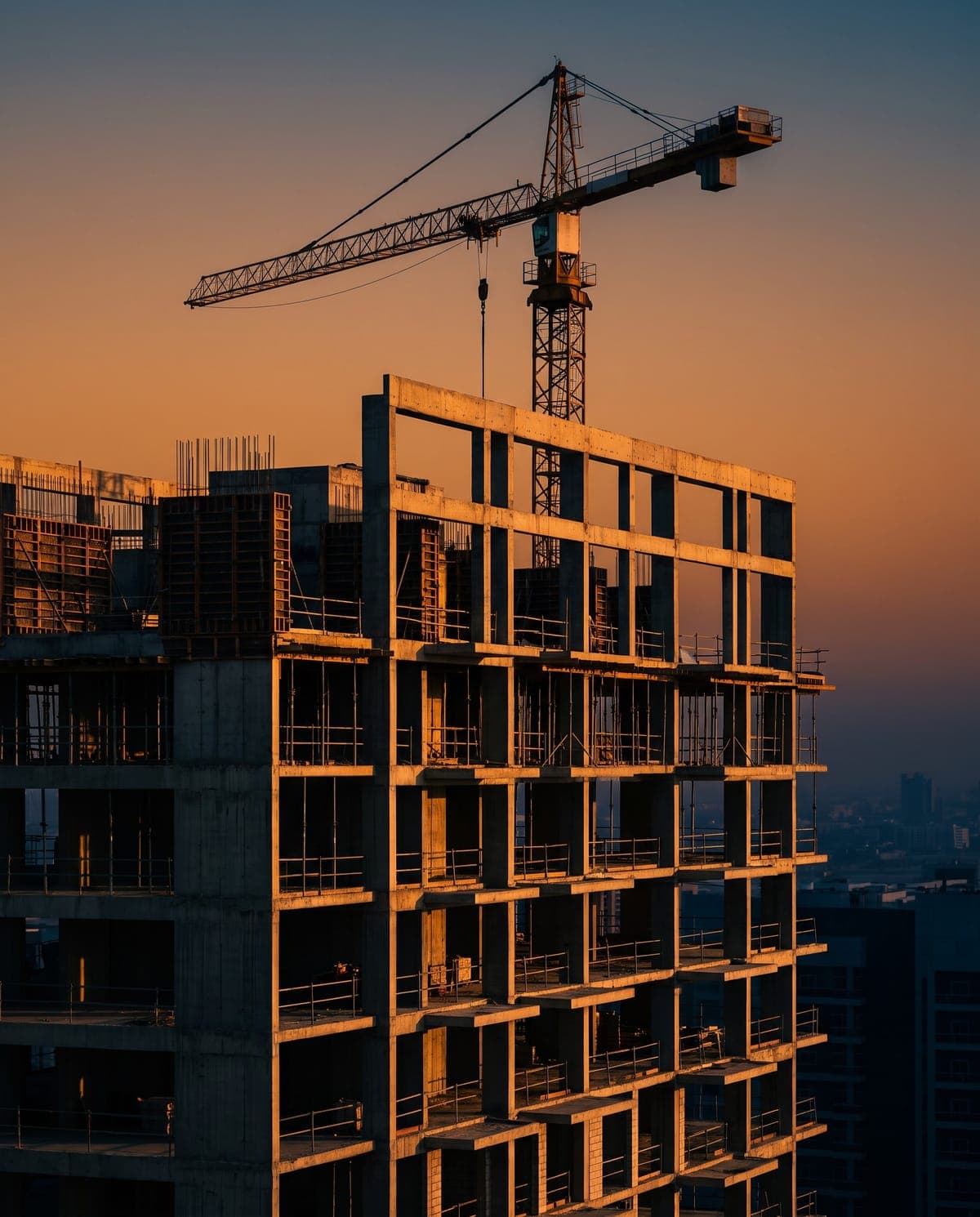 A tower under construction at dusk, its concrete frame and crane silhouetted against a warm sky.