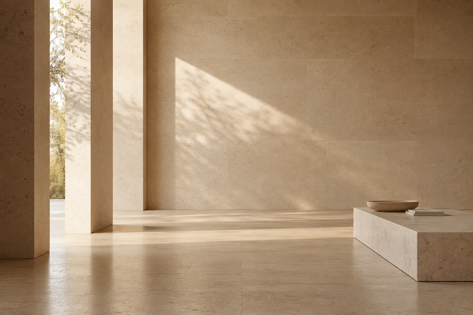 A travertine wall lit by warm, angled daylight